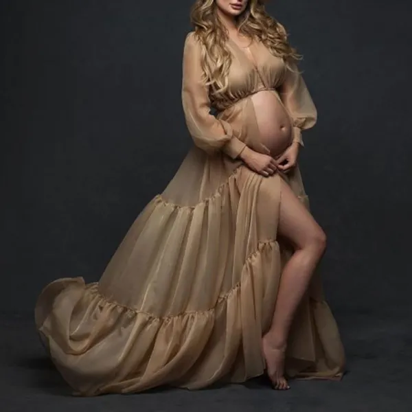 Maternity Sexy V-neck Solid Color Puff Sleeve Split Dress Only $57.29 - Lukalula.com 