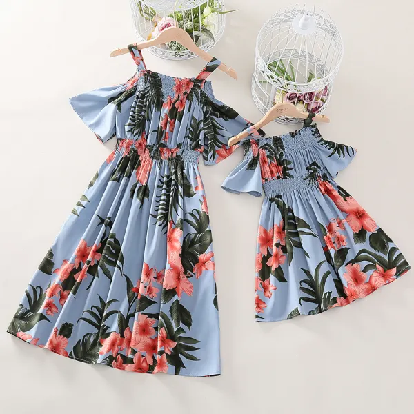 Sweet Flower Print Blue Dress Mom Girl Matching Dress - Popopiestyle.com 