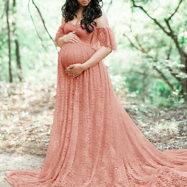 Maternity Pure Color Lace Photoshoot Dress 