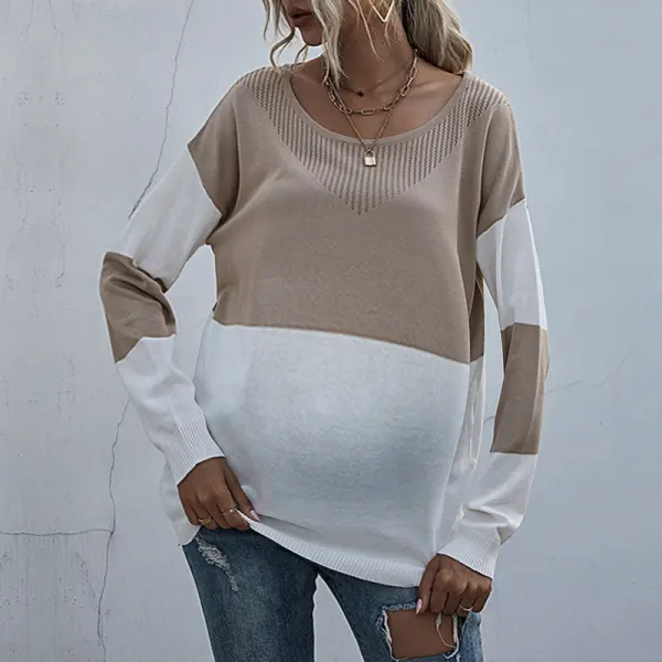 Maternity Two-Tone Round Neck Sweater Only $44.35 - Lukalula.com 