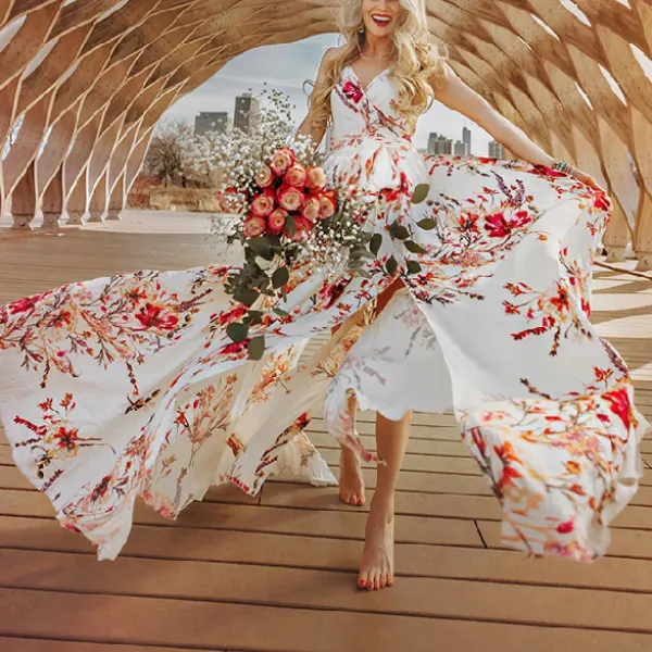 Maternity Red Flower Sleeveless Split White Maxi Dress Photoshoot Dress - Lukalula.com 