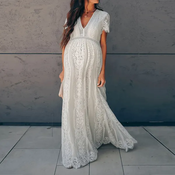 Maternity V-neck White Lace Maxi Dress - Lukalula.com 