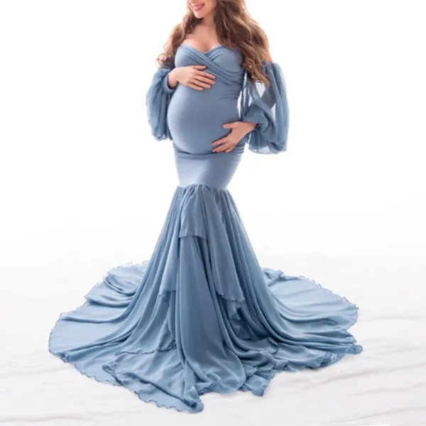 Maternity Off The Shoulder Dleeve Fishtail Maxi Dress - Lukalula.com 