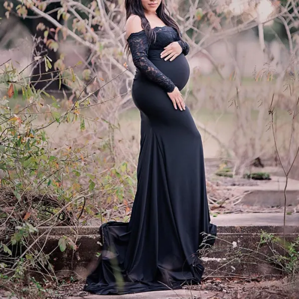 Maternity Black Lace Stitching One-Shoulder Photo Dress Only $70.97 - Lukalula.com 