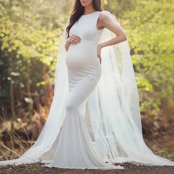 Maternity White Sleeveless Shawl Photo Dress - Lukalula.com 