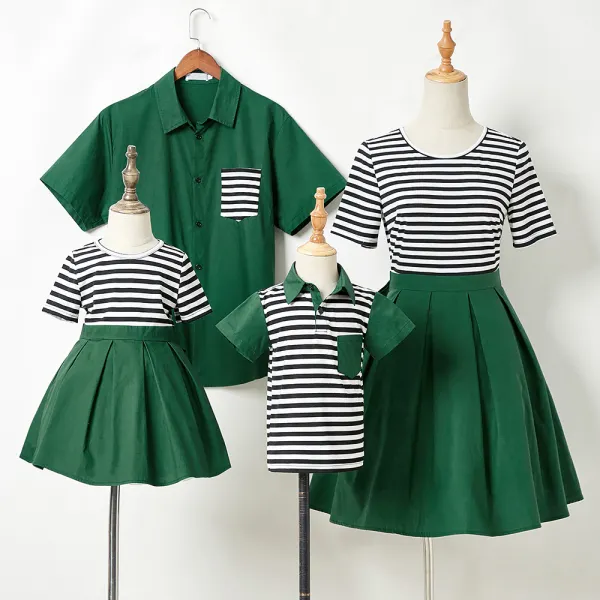【90-130cm/S-XXL】Casual Striped Green Family Matching Outfits - Popopiearab.com 