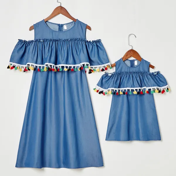 Sweet Denim Color Fringe Ruffle Off Shoulder Mom Girl Matching Dress - Popopiearab.com 
