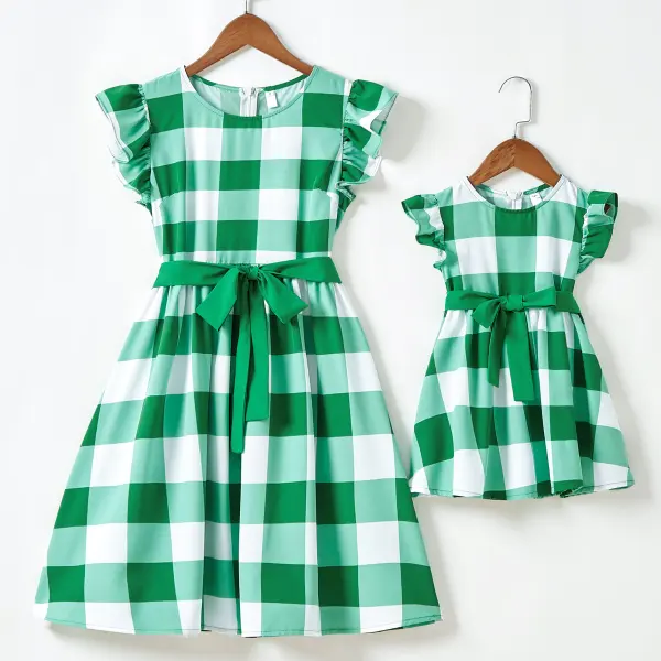 Sweet Green Plaid Short Sleeve Mom Girl Matching Dress - Popopiestyle.com 