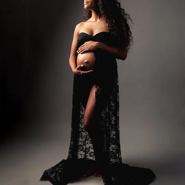 Maternity Lace Off Shoulder Slit Photo Dress - Lukalula.com 