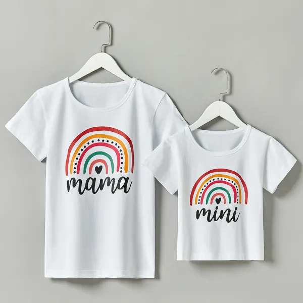 Casual Rainbow Pattern Round Neck Short Sleeve Mom Girl Matching T-Shirt - Popopiestyle.com 