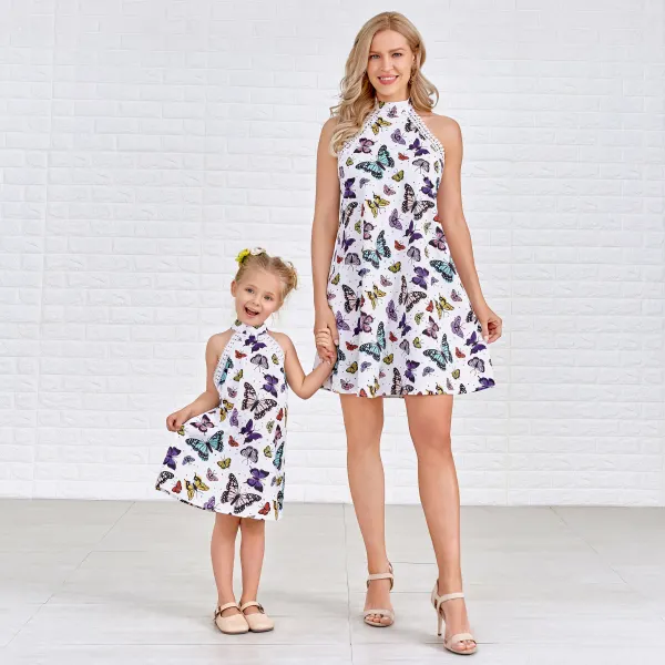 【90-130cm/M-XXL】Sweet Butterfly Print Lace Backless Mom Girl Matching Dress Only $23.44 - Lukalula.com 