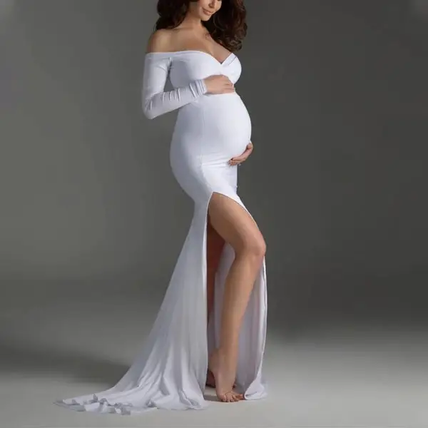 Maternity V-neck Hem Slit Tail Photoshoot Dress - Lukalula.com 