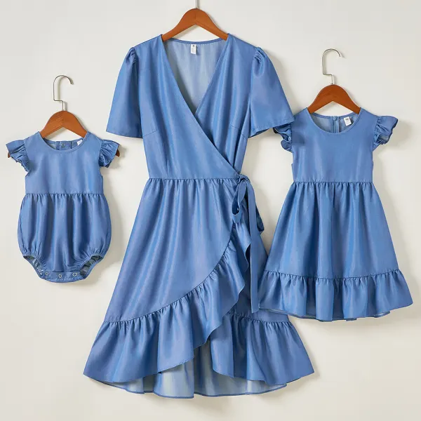 Sweet Denim Short Sleeve Mom Girl Matching Dress - Popopiearab.com 