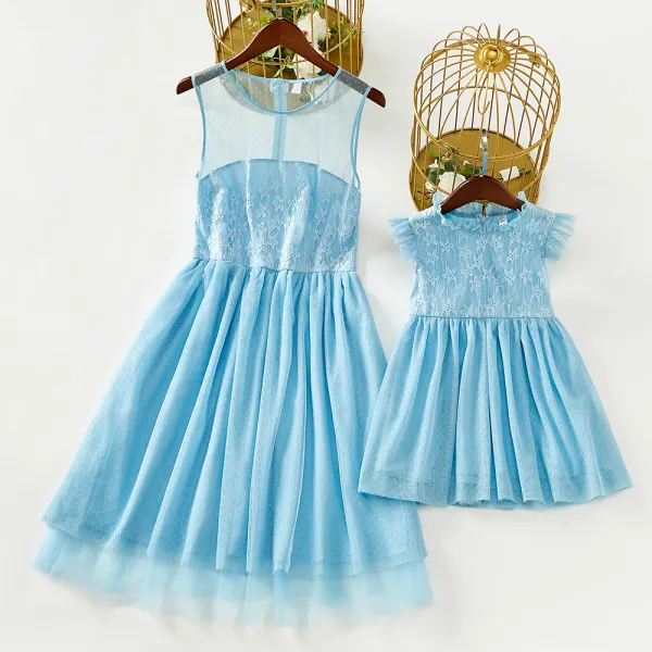 Sweet Blue Lace Mesh Mom Girl Matching Dress Only $36.38 - Lukalula.com 