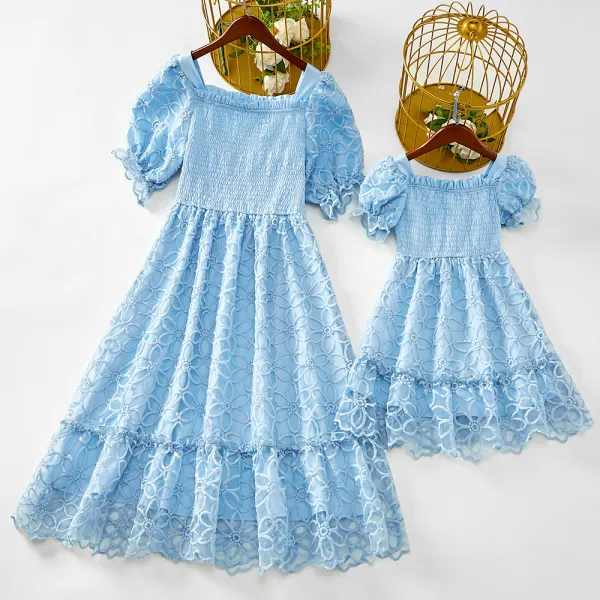 Sweet Blue Lace Puff Sleeve Mom Girl Dress Only $49.96 - Lukalula.com 