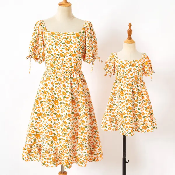 Sweet Yellow Flowers Square Neck Puff Sleeve Mom Girl Matching Dress Only $41.81 - Lukalula.com 