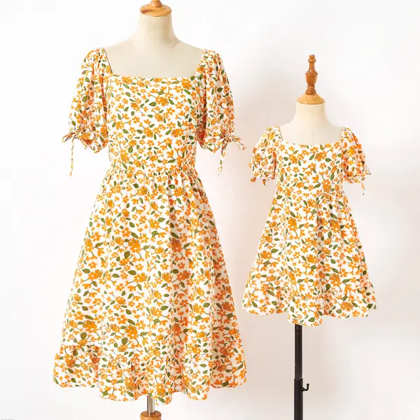 Sweet Yellow Flowers Square Neck Puff Sleeve Mom Girl Matching Dress - Lukalula.com 
