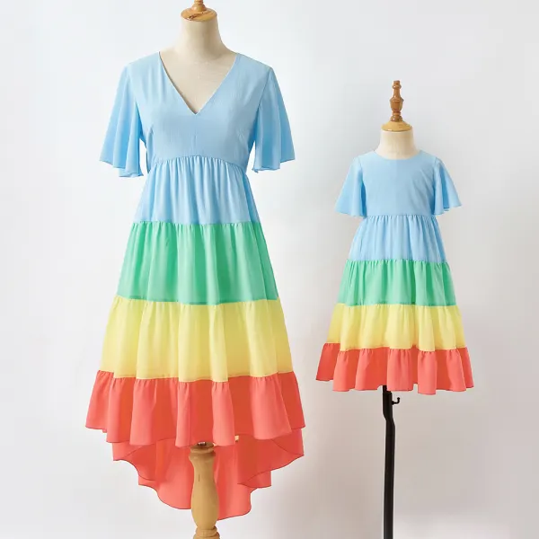 Sweet Color Block Short Sleeve Mom Girl Matching Dress Only $51.47 - Lukalula.com 