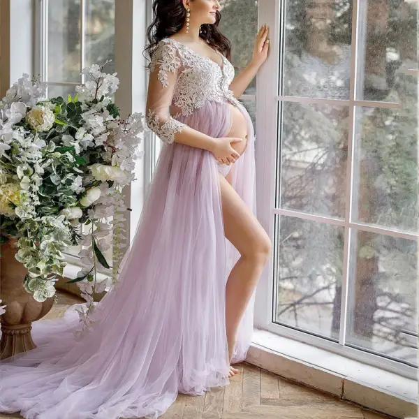 Maternity V-Neck Lace Photoshoot Dress - Lukalula.com 