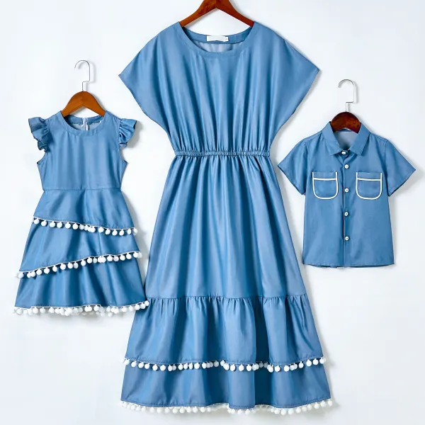 Casual Blue Denim Dress and Shirt Mom Kid Matching Outfits Only $29.72 - Lukalula.com 