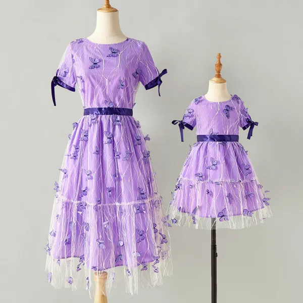 Sweet Purple Butterfly Lace Round Neck Short Sleeve Mom Girl Matching Dress Only $35.17 - Lukalula.com 