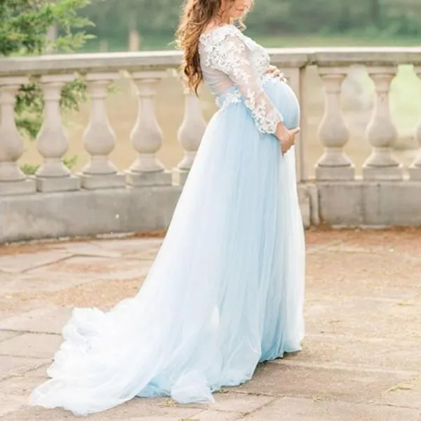 Maternity Sweet V-Neck Lace Solid Color Long-Sleeved Photoshoot Dress 