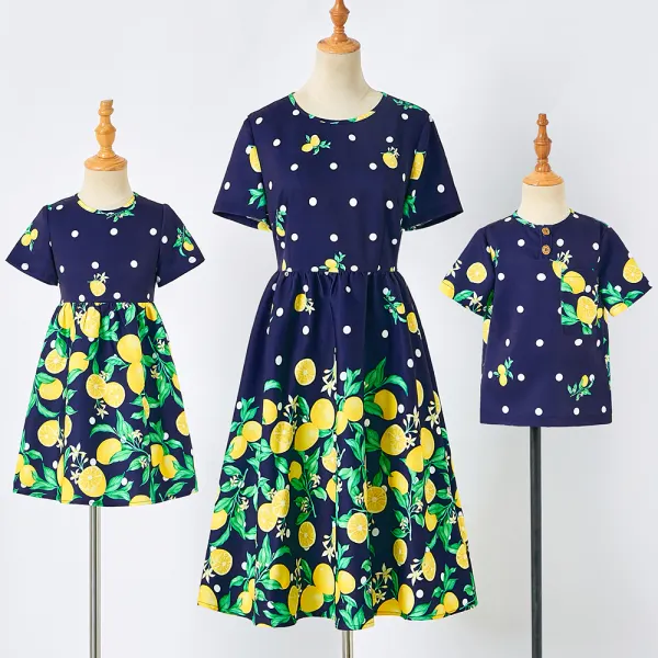 Casual Navy Blue Lemon Pattern Short-Sleeved Mom Kid Matching Outfits Only $39.35 - Lukalula.com 