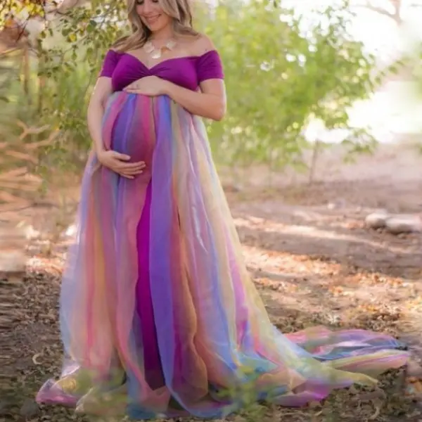 Maternity Off-shoulder Rainbow Mesh Photoshoot Baby Shower Dress - Lukalula.com 