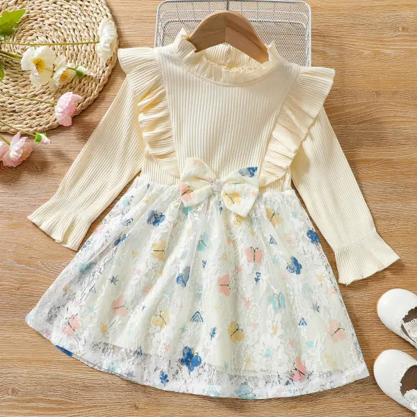 【18M-7Y】Sweet Butterfly Print Beige Long Sleeve Lace Dress - Lukalula.com 