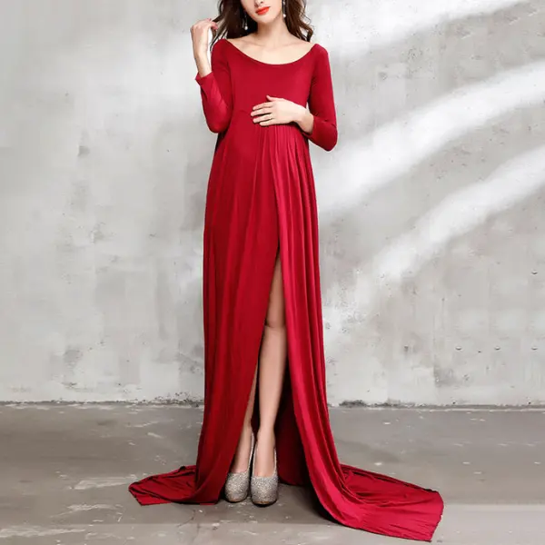 Maternity Fashion Boatneck Long Sleeve Slit Dress Only $83.54 - Lukalula.com 