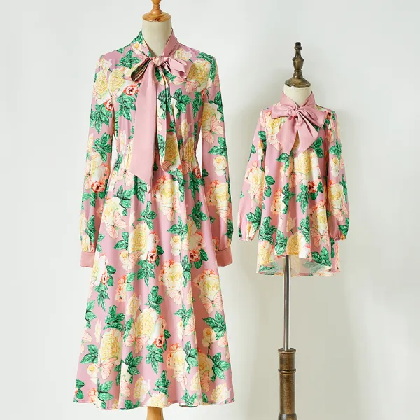 Tie Bowknot Long Sleeve Floral Print Mom Girl Matching Dress Only $24.73 - Lukalula.com 