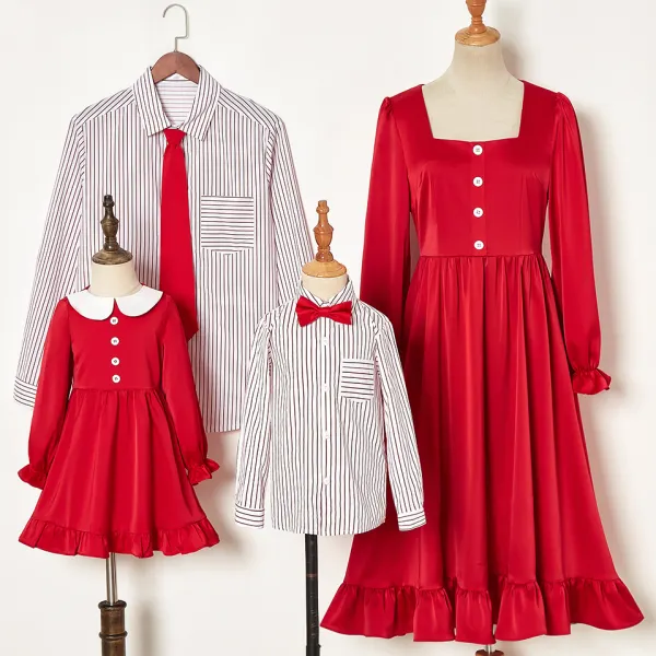 Casual Striped Shirt and Red Dress Family Matching Outfits Only $29.11 - Lukalula.com 