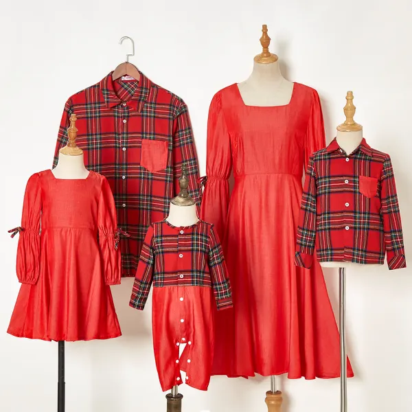 Casual Plaid Shirt and Red Dress Family Matching Outfits Only $34.50 - Lukalula.com 