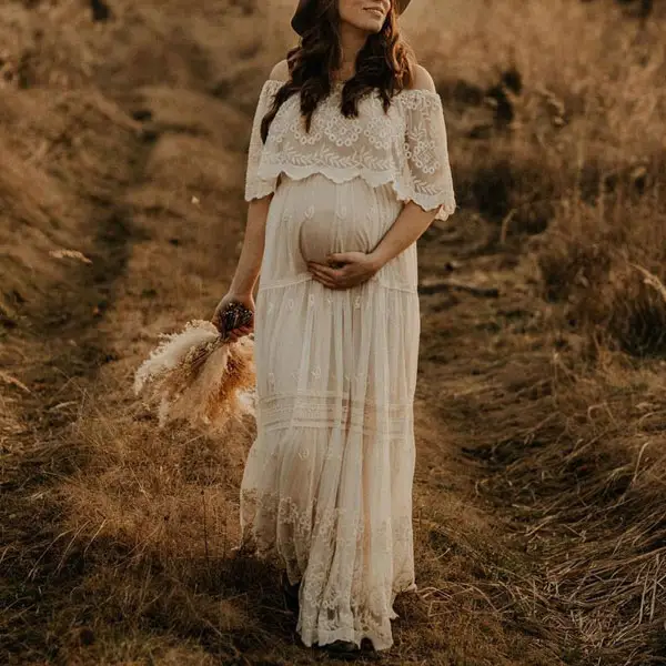 Maternity Off-the-shoulder Ruffled Lace Stitching Chiffon Photoshoot Dress 