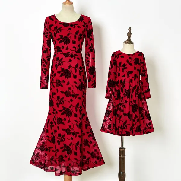 Sweet Red Flower Pattern Long Sleeve Mom Girl Matching Dress Only $36.01 - Lukalula.com 