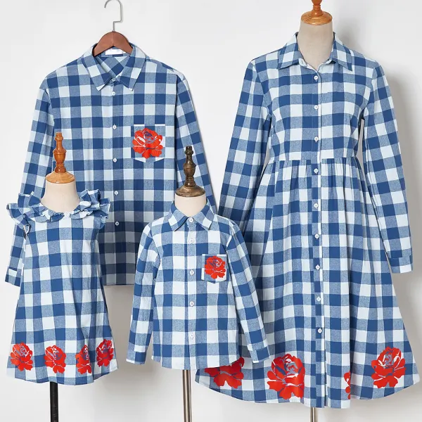 Casual Blue Plaid Flower Print Family Matching Outfits Only $34.75 - Lukalula.com 