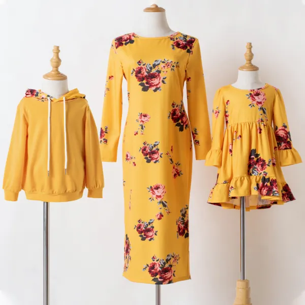 Casual Yellow Flower Long Sleeve Mom Kids Matching Dress And Sweatshirt Only $22.50 - Lukalula.com 