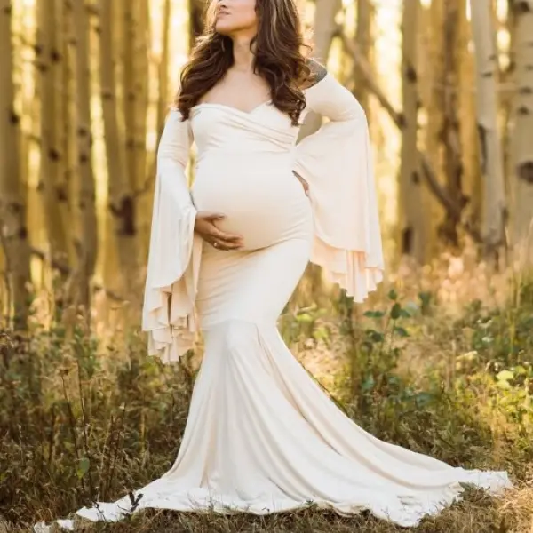 Maternity Ruffled Sleeve Tailored Long Baby Shower Photoshoot Dress - Lukalula.com 