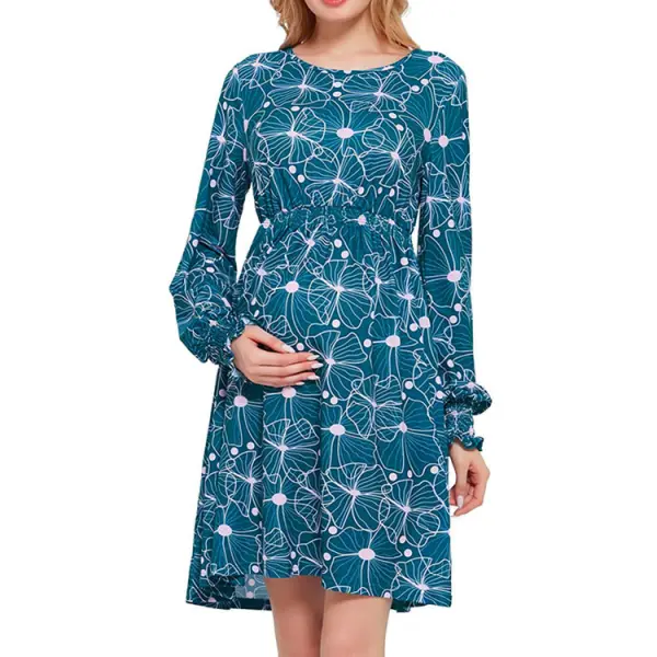 Maternity Fashion Print Round Neck Long Sleeve Elastic Waist Dress - Lukalula.com 