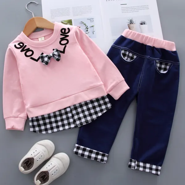 【12M-5Y】Kids Fashion Plaid Stitching Sweatshirt Pants Set - Lukalula.com 