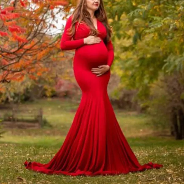 Maternity V-neck Cotton Neck Long Sleeve Photography Dress - Lukalula.com 