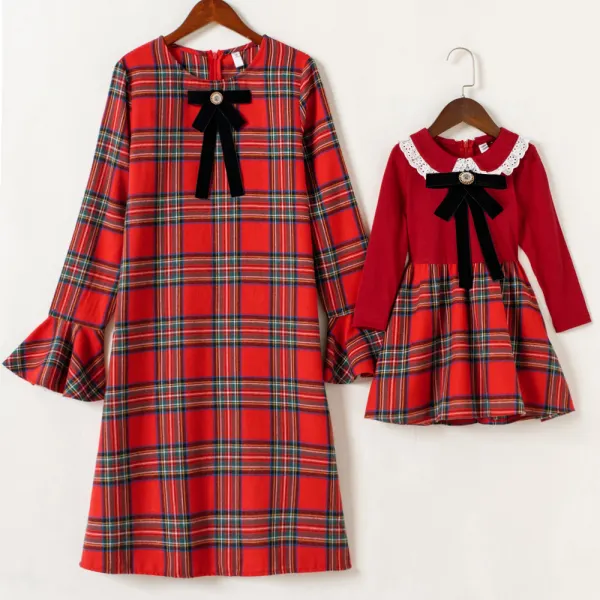 Sweet Red Plaid Bowknot Long Sleeve Mom Girl Matching Dress Only $34.04 - Lukalula.com 