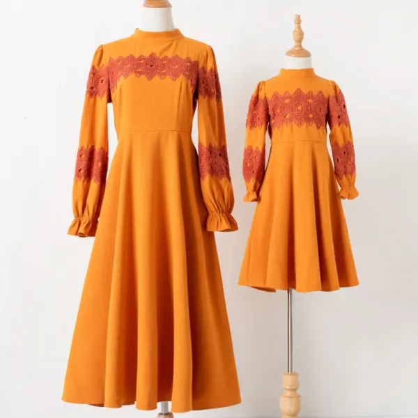 Elegant Lace Ginger Long Sleeve Dress Mom Girl Matching Dress Only $33.69 - Lukalula.com 