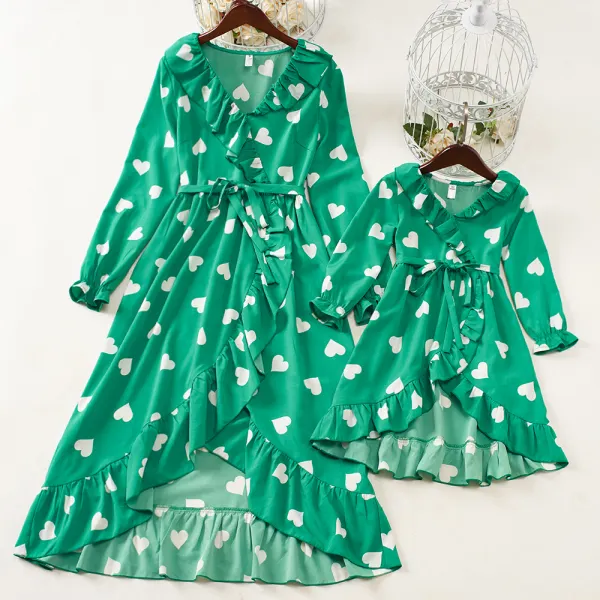 Sweet Heart Shape Print Ruffle Green Dress Mom Girl Matching Dress Only $34.42 - Lukalula.com 