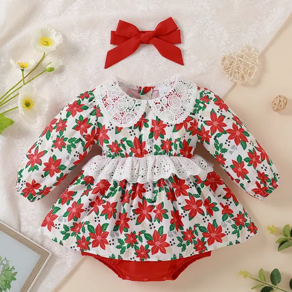 【0M-18M】 2-piece Girl Sweet Red Flower Print Long-sleeved Romper With Headband Only $36.75 - Lukalula.com 