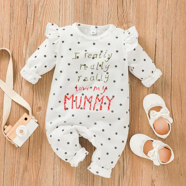【0M-18M】Baby Girl Letter Prints Ruffled Long Sleeve Romper Only $30.65 - Lukalula.com 