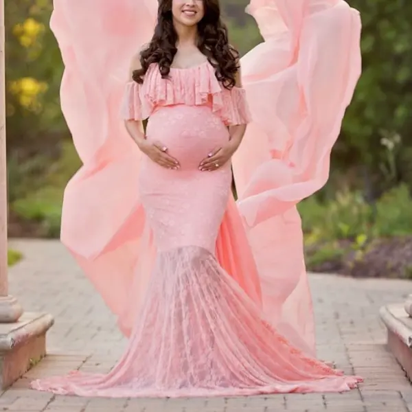 Maternity Lace Ruffle Trailing Short Sleeve Photoshoot Dress Only $68.69 - Lukalula.com 