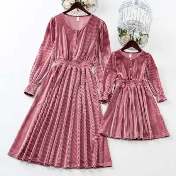 Sweet Pink Velvet Long Sleeve Mom Girl Matching Dress Only $46.19 - Lukalula.com 