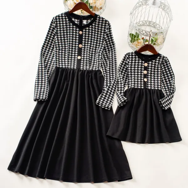 Elegant Black And White Houndstooth Long-sleeved Dress Mom Girl Matching Dress Only $33.60 - Lukalula.com 