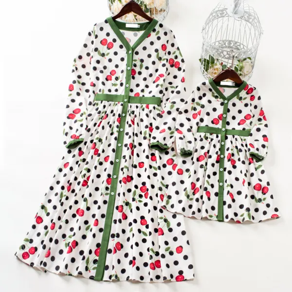 Sweet Cherry And Polka Dot Print Long Sleeve Dress Mom Girl Matching Dress Only $42.94 - Lukalula.com 